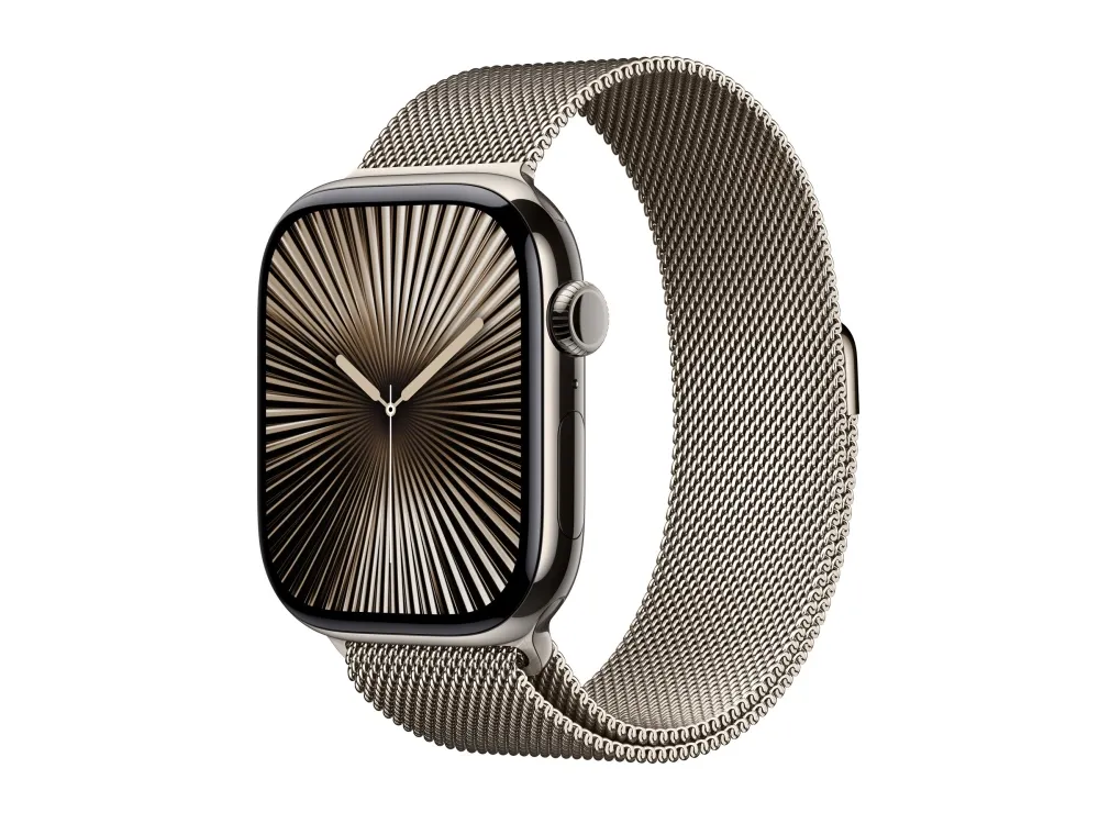 Apple Watch Series 10 (GPS + Cellular) - 46 mm - naturlig titan - smartklokke med fint strikket løkke - nett av rustfritt stål - naturlig - båndbredde: M/L - 64 GB - LTE, Wi-Fi 4, UWB, Bluetooth - 4G - 41.7 g