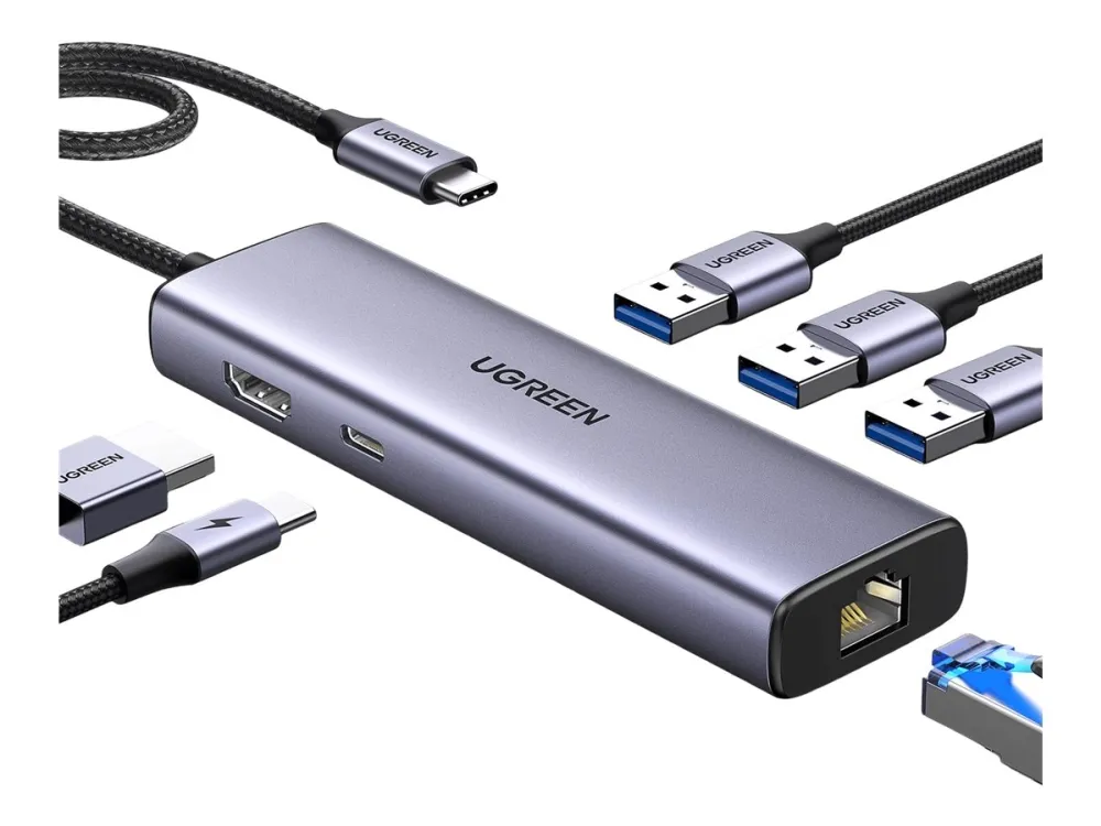 Ugreen - Hub - 6-in-1 USB C, 4K - 3 x SuperSpeed USB 3.0 + 1 x USB-C (strømlevering) + 1 x 10/100/1000 + 1 x HDMI - stasjonær