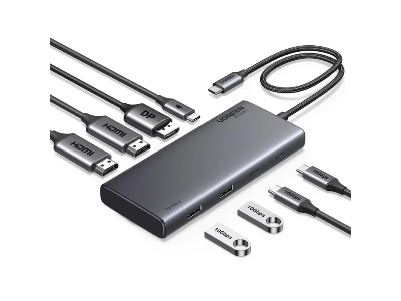 Ugreen 35625, USB Type-C, HDMI, USB 3.2 Gen 1 (3.1 Gen 1) Type-A, USB 3.2 Gen 1 (3.1 Gen 1) Type-C, VGA, 10000 Mbit/s, 3840 x 2160 piksler, Grå