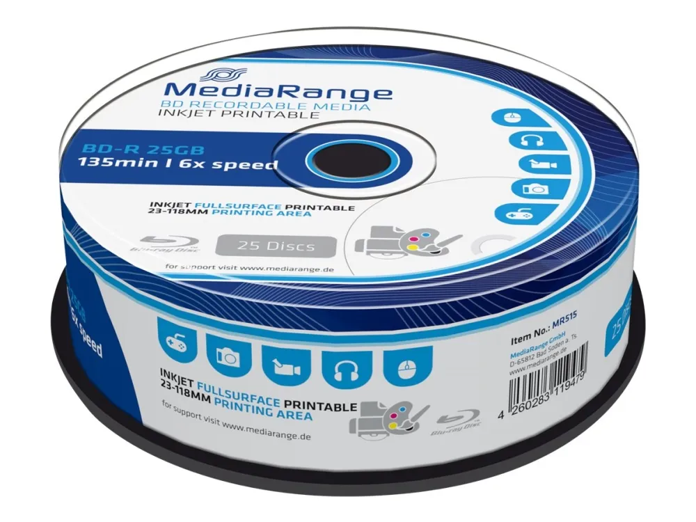 MediaRange - 25 x BD-R - 25 GB 6x - blekkstråleskrivbar overflate - spindel
