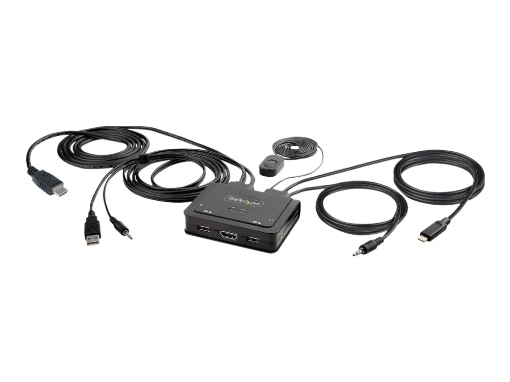 Startech 2-Port Hybrid USB-C HDMI Cable KVM Switch, 4K 60Hz, Compact KVM with 6ft/1.8m USB-A/HDMI/Audio & 4ft/1.2m USB-C Integrated Host Cables, Bus Powered - Remote Push Button/Hotkey Switching (C2-H46-UAC-CBL-KVM) - KVM / lyd / USB-svitsj - kompakt - 2 x KVM/lyd/USB - 1 lokalbruker - stasjonær