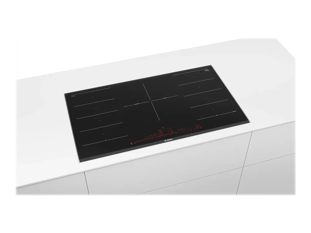 Bosch Serie | 8 PXV975DV1E - Induksjonskomfyrtopp - 5 plater - Nisje - bredde: 88 cm - dybde: 49 cm fasetterte kantlister foran og bak, - med sidepynt av rustfritt stål - svart