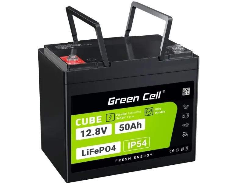 Green Cell LFPGC12V50AH, 12 V, 50 Ah, 640 Wh, Svart, Grønn, 75 A, IP54