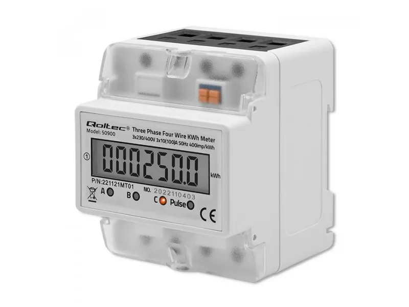 Qoltec trefaset elektronisk energiforbruksmåler på DIN-skinne 230V LCD 4P