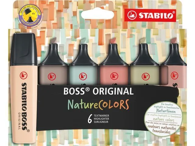 STABILO BOSS NatureColors, 6 stykker, Sort, Bronse, Brun, Grønn, Grå, Lysegrønn, 18 år, Meisel tupp, Flerfarget, Plast