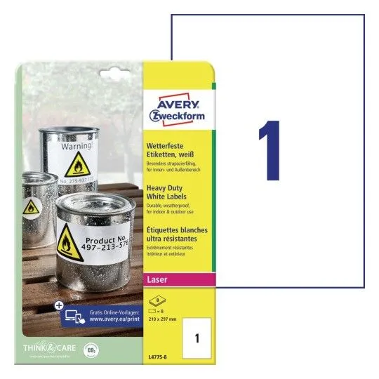 Avery L4775-8, Hvit, Selvklebende skriveretikett, A4, Polyester, Laser, Permanent