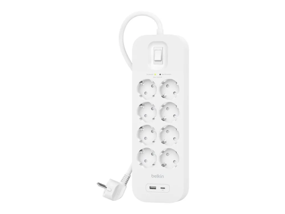 Belkin Connect - Overspenningsavleder - med USB-C- og USB-A-porter - utgangskontakter: 8 - 2 m kabel