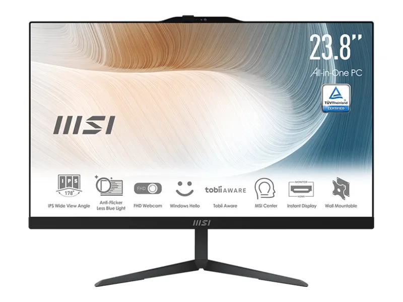 MSI Modern AM242 12M 1629XDE - Alt-i-ett Core i3 1215U / inntil 4.4 GHz - RAM 8 GB - SSD 256 GB - NVMe - UHD Graphics - IEEE 802.11ax (Wi-Fi 6E), Bluetooth 5.3, Gigabit Ethernet - uten OS - monitor: LED 23.8 1920 x 1080 (Full HD) - svart