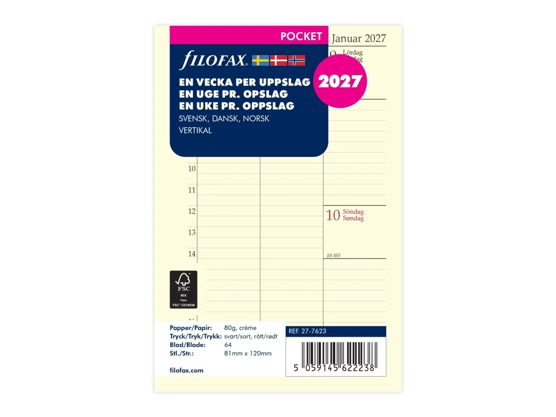 Refill Pocket 2027 uke per oppslag – vertikal svensk/dansk/norsk