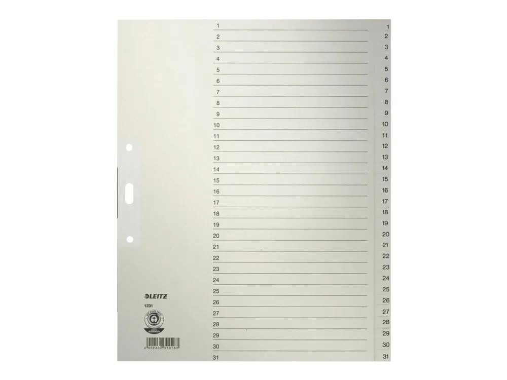 Leitz - Inndeler - 31 deler - fortrykt: 1-31 - for A4 Extra (235 × 322 mm) - med fliker - grå