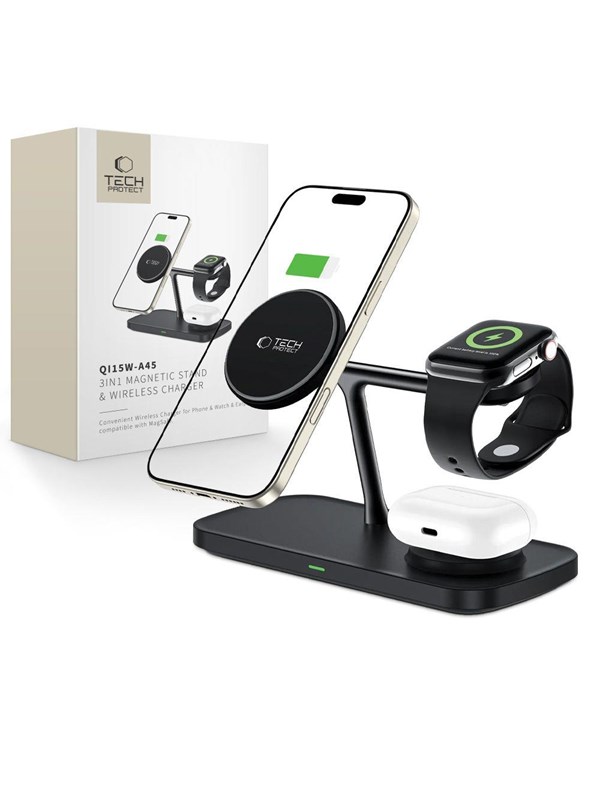 Tech-Protect QI15W-A45 3in1 Wireless Charger with MagSafe for Apple Devices - Black