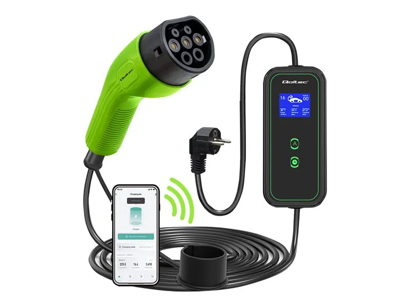 Qoltec - EV-ladestasjon - adjustable, 2-in-1, 230V, Wi-Fi - 3.5 kW - 16 A (IEC 62196 Type 2) - svart, grønn