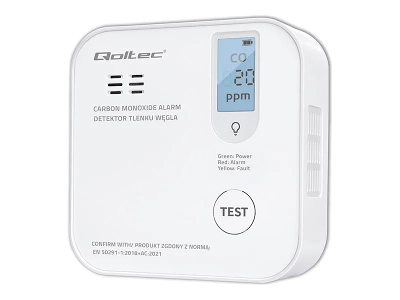 Qoltec-sertifisert trådløs karbonmonoksiddetektor med batteri | CO-detektor | sensorlevetid 10 år | 85 dB alarm | LED