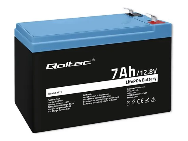Qoltec - UPS-batteri - 12.8V, BMS, LiFePO4 - litium-jernfosfat - 7 Ah - 89.6 Wh - blå, svart