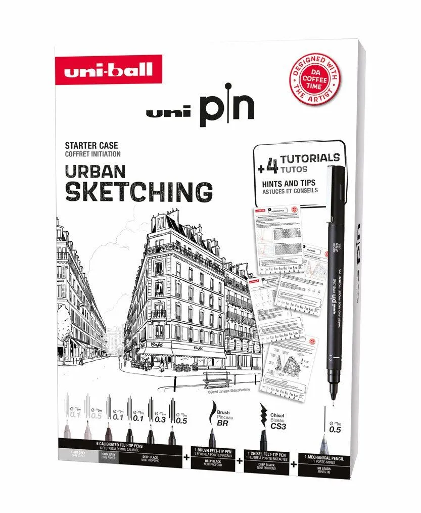 Uni Pin Urban Sketching Box – Gaveeske med øvelser (inneholder 8x uni pin + 1 blyant 0,5 mm)