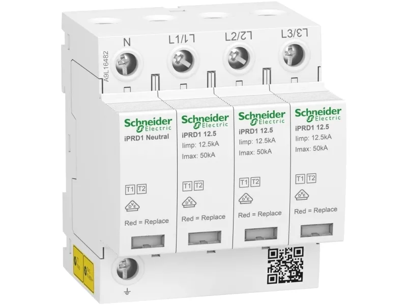 Schneider Electric overspenningsavleder iPRD1 12,5R-T12-3N 3+1-polet T1+T2 B+C 12,5kA med kontakt A9L16482