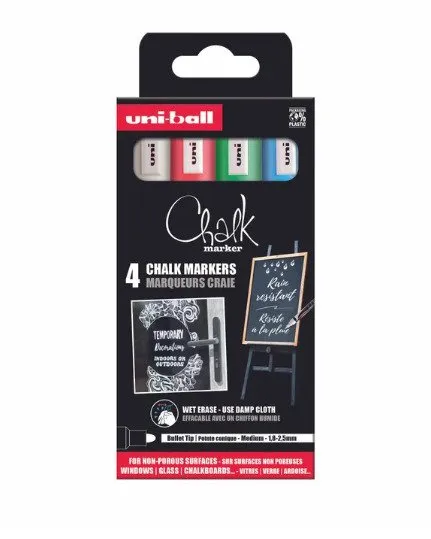 Uni Chalk marker sæt 4 stk PWE5 ( white, red, green, blue)