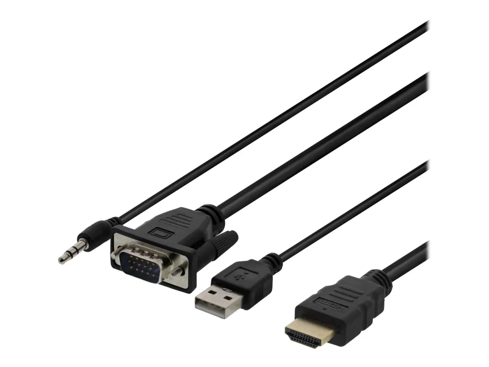 DELTACO - HDMI-kabel - HDMI hann til USB, HD-15 (VGA), minijakk hann - 2 m - svart - tommelskruer, 1080p-støtte