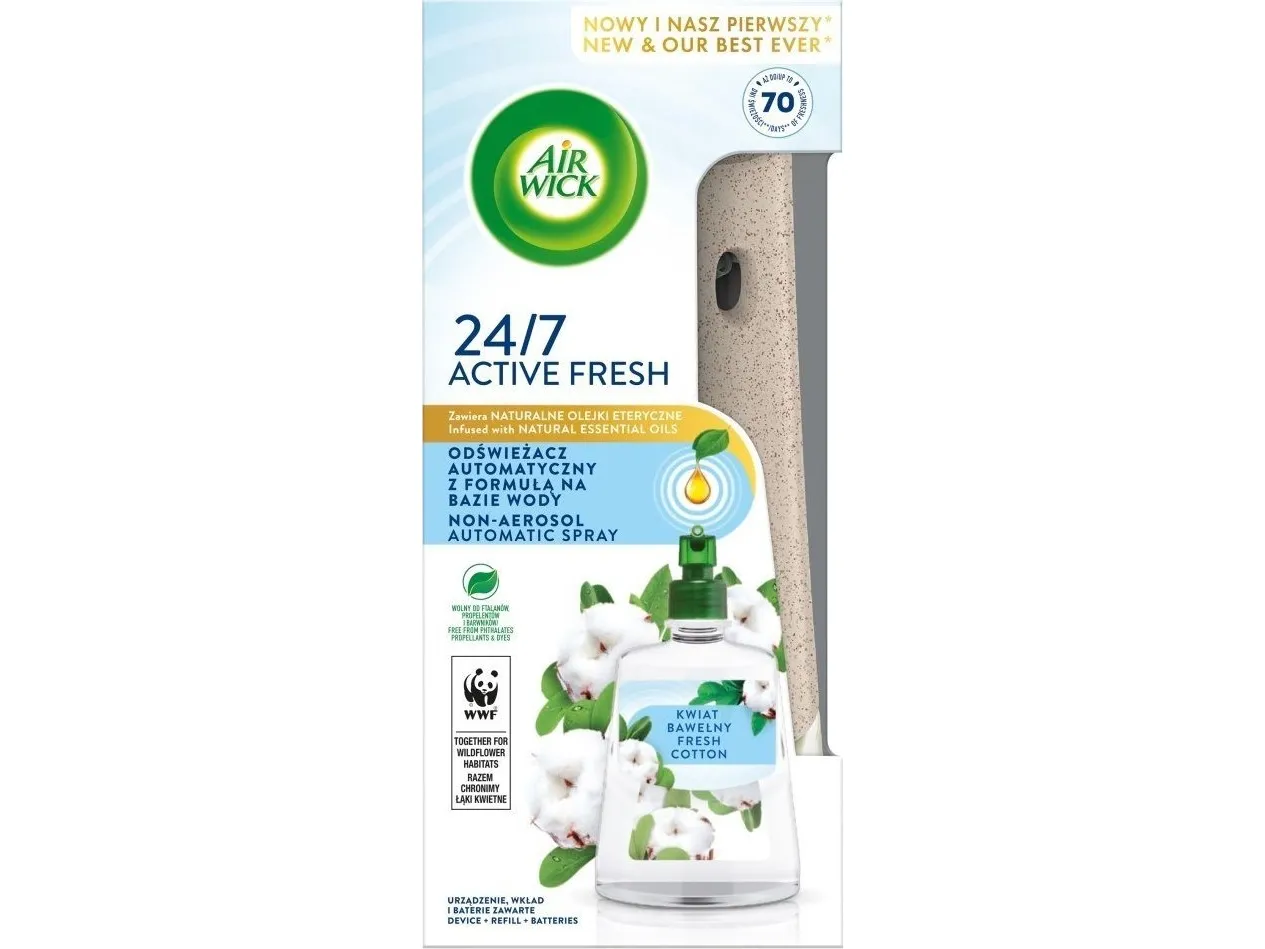Air Wick Active Fresh automatisk luftfrisker med vannbasert formel og refill - bomullsblomst 228 ml