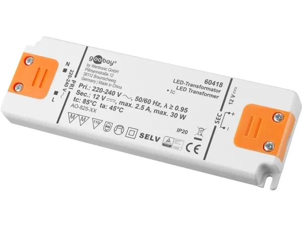 Goobay 60418, Elektronisk lystransformator, Oransje, Hvit, IP20, -20 - 45 °C, CE, RoHS Directive 2011/65/EU [OJEU L174/88-110, 01.07.2011, 30 W