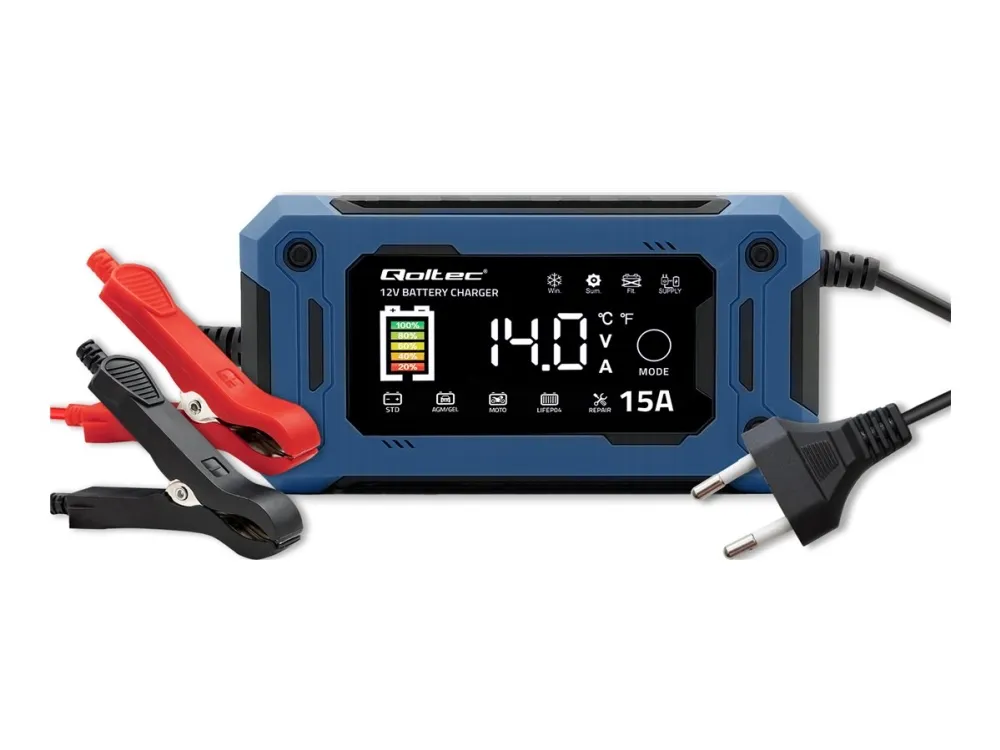 Qoltec intelligent mikroprosessorbasert lader 12 V 15 A | likeretter med reparasjons- og backupfunksjon ved batteribytte | for AGM GEL LiFePO4 | LCD