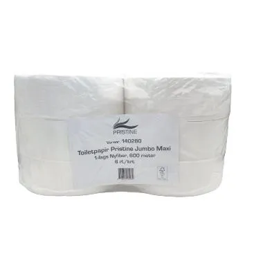 Toiletpapir Pristine Jumbo Maxi 1-lag Ø27cm L600mxB9.1cm Nyfiber Hvid,6 rl/krt