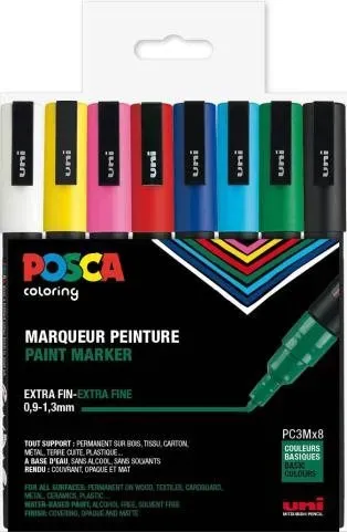 Paintmarker, Uni-Ball POSCA PC-3M, 0,9-1,3 mm, ass. farver, pakke a 8 stk