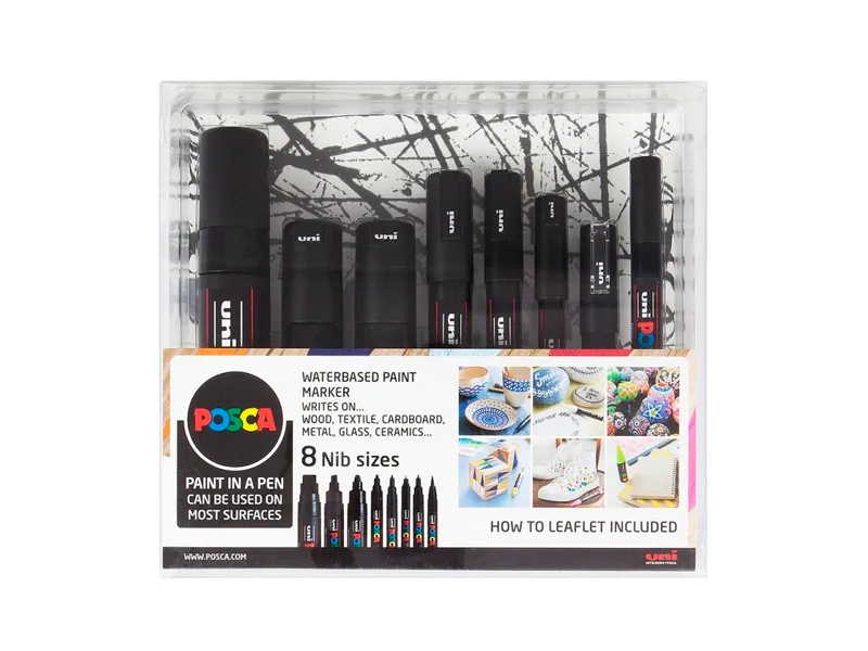 Marker Uni Posca Black Set - med 8 ass. størrelser