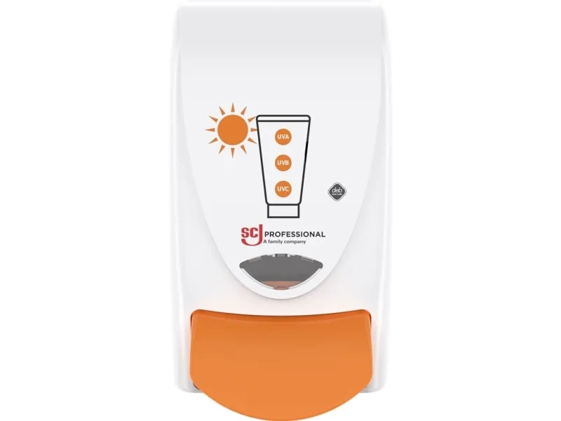 Dispenser, SCJ Professional Sun Protect, 1000 ml, hvit, plast, manuell, med oransje knapp, 1,0 ml per dose