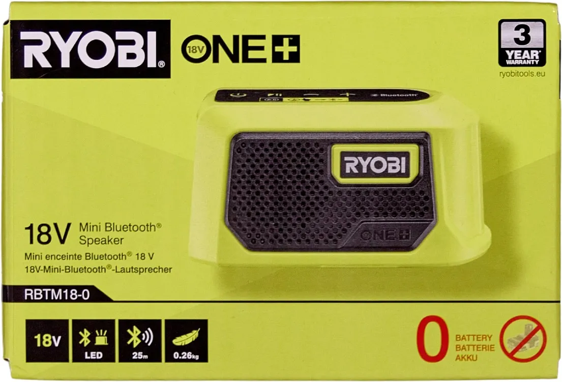 Ryobi Mini Bluetooth-høyttaler 18V ONE+ RBTM18-0 - Superkompakt høyttaler med 5W effekt, Bluetooth 4.2