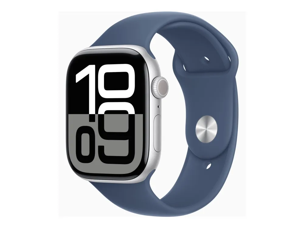 Apple Watch Series 10 (GPS + Cellular) - 46 mm - sølvaluminium - smartklokke med sportsbånd - fluorelastomer - denim - båndbredde: M/L - 64 GB - LTE, Wi-Fi 4, UWB, Bluetooth - 4G - 35.3 g