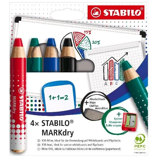 STABILO MARKdry, 4 stykker, Sort, Blå, Grønn, Rød, Flerfarget, Rund, Tre, 1 cm