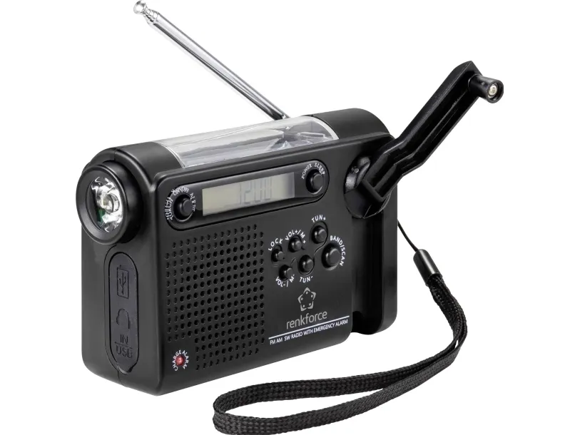 Radio budowlane Renkforce Renkforce RF-CR-200 bærbar radio FM, MW, KW oppladbar, solcellepanel, håndsveiv, alarmfunksjon, lommelykt svart (RF-4694806)