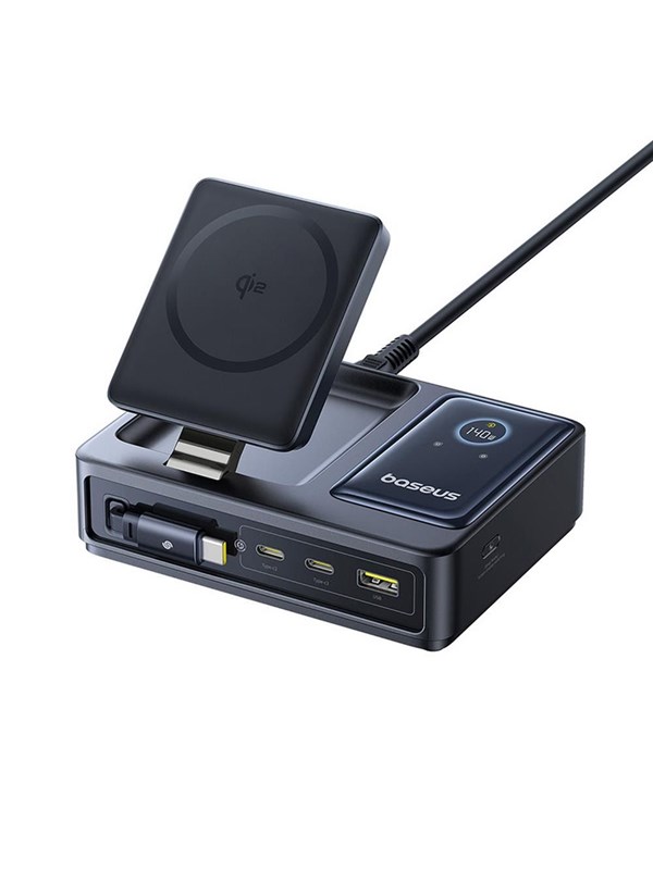Baseus NOMOS 140W Qi2 5-in-1 Wireless Charging Station with Retractable USB-C Cable and Digital Display - Black