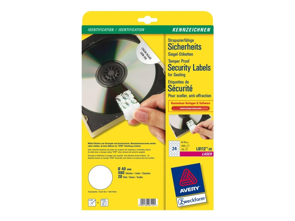 Avery Heavy Duty Laser Labels - Polymer - hvit - 40 mm rund 480 stk (20 ark x 24) merkelapper