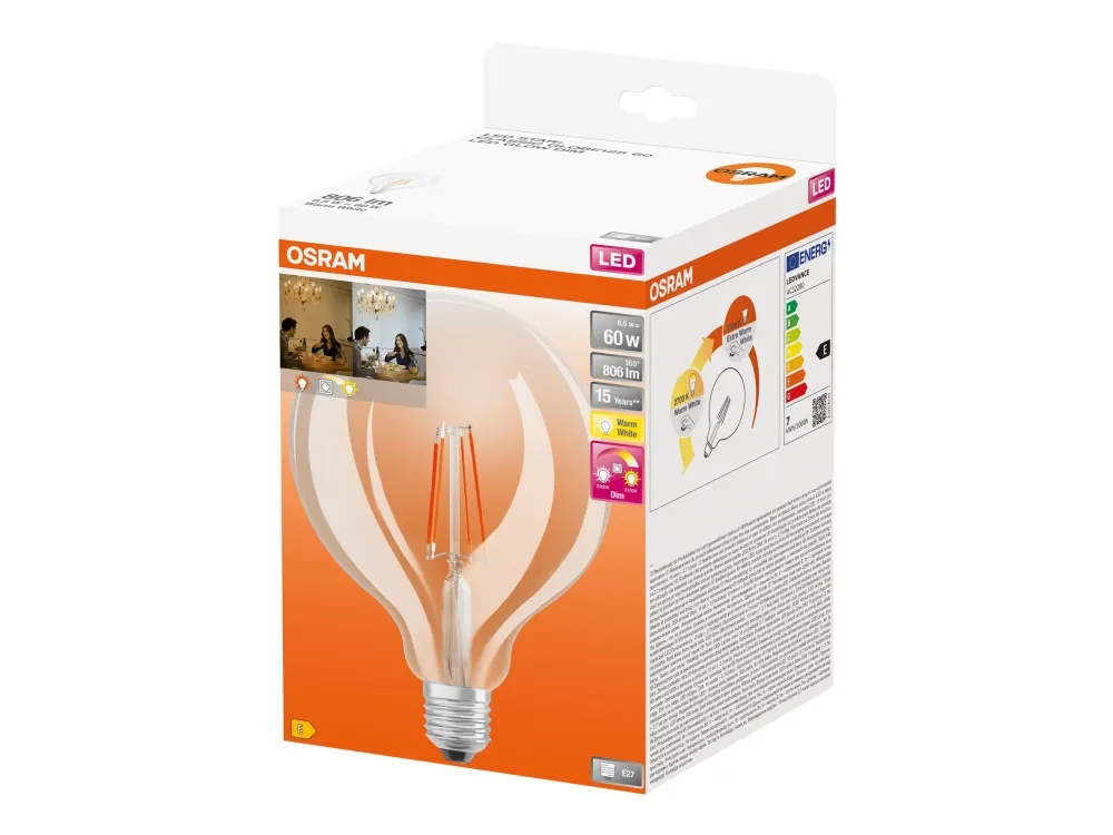 OSRAM LED STAR+ GLOWdim - LED-filamentlyspære - form: G125 - klar finish - E27 - 7 W (ekvivalent 60 W) - klasse E - justerbar varmhvitt lys - 2200-2700 K