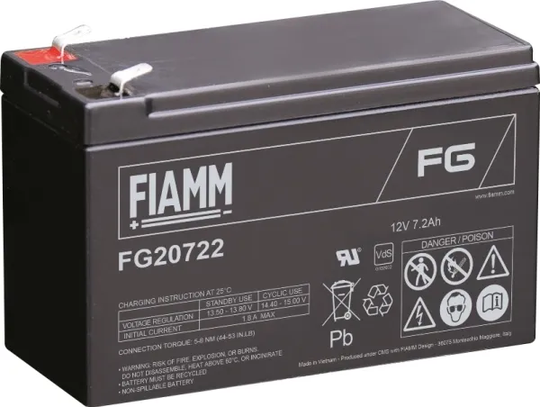 Fiamm Blybatteri 12v/7,2Ah. Til alarm og backup med spadesko 6,35 mm/Faton 250, dimension: L151xB65xH94 mm