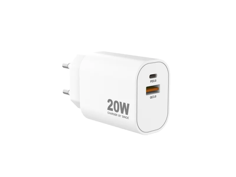 Sinox PRO 230V USB-A+USB-C oplader 20W. Hvid