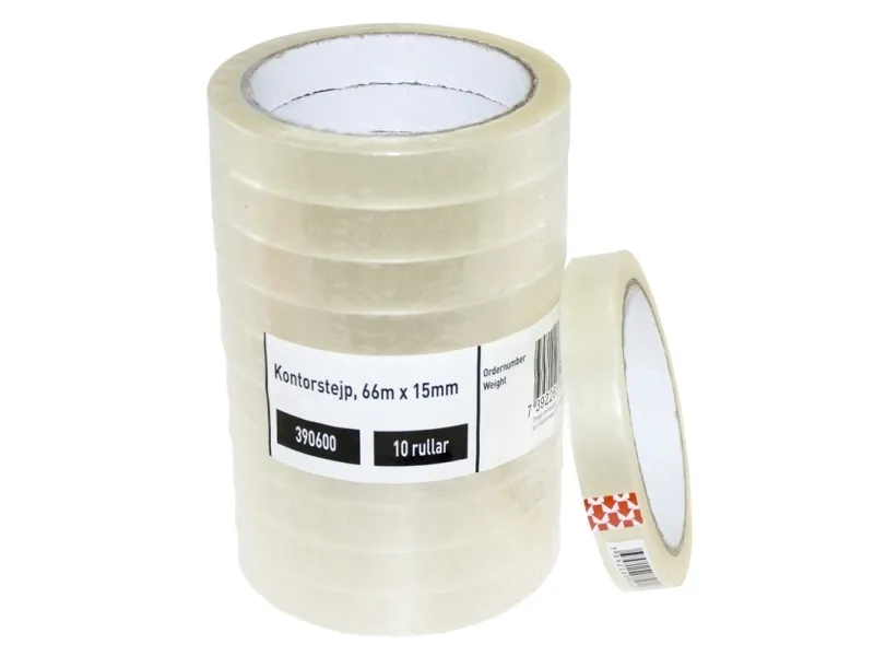 Kontortape 66m x 15mm PP klar - (10 stk./pakning)