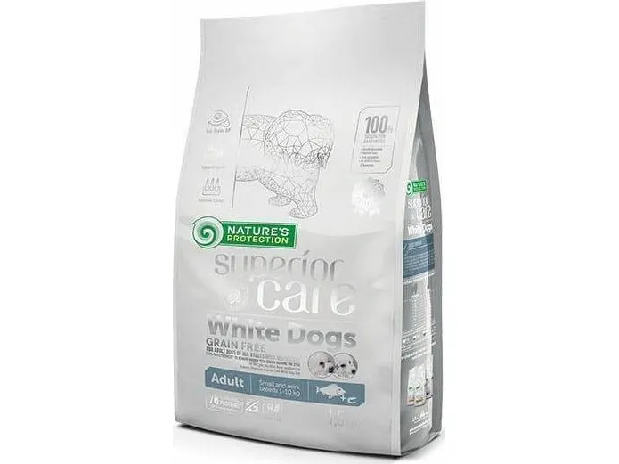 NATURENS BESKYTTELSE SUPERIOR PLEIE Hvite hunder Kornfri hvitfisk Voksne små og miniraser, kornfri tørrfôr for voksne små og svært små raser av hvitpussede hunder med hvit fisk, 1,5 kg