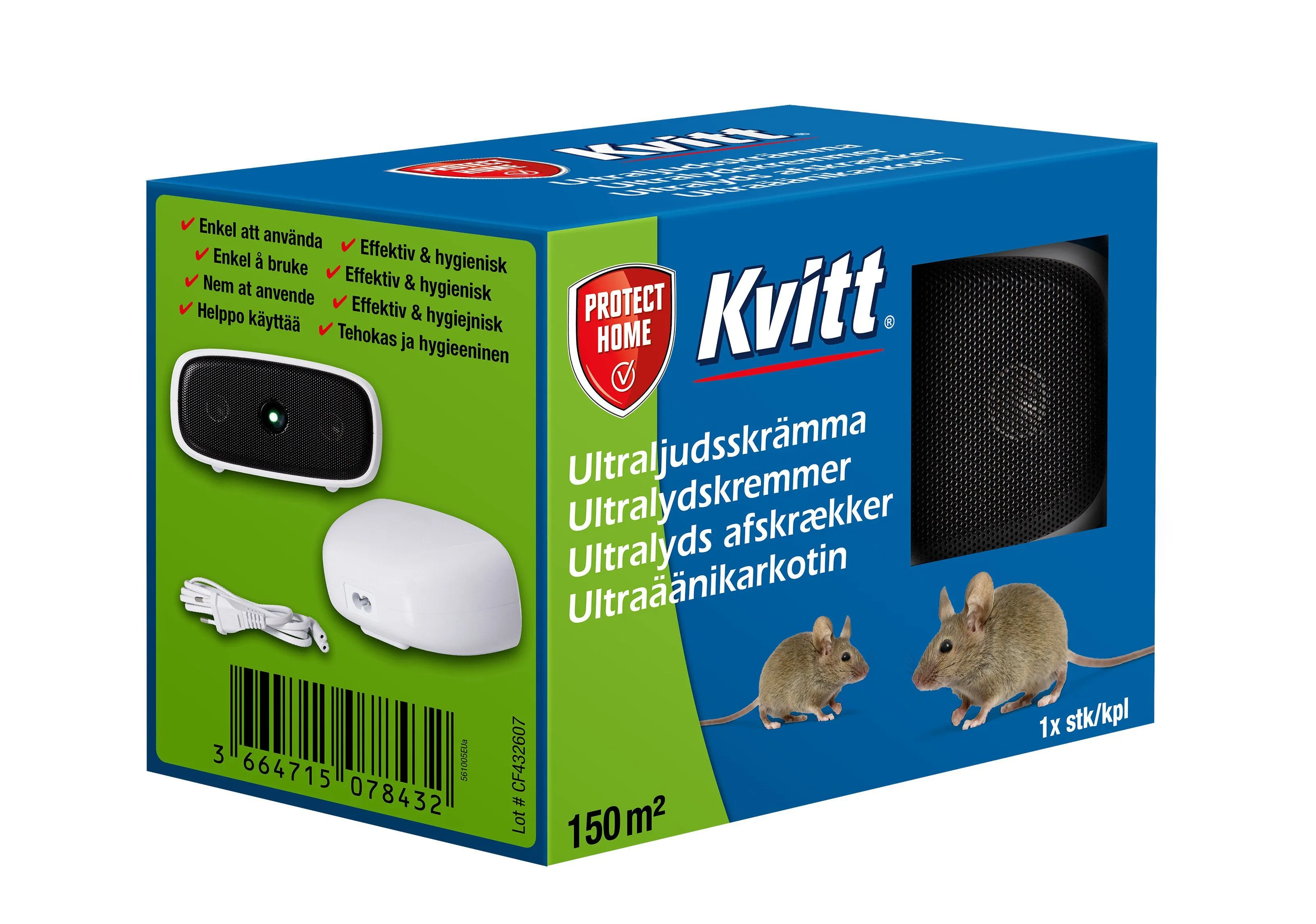 Kvitt® Ultralyds afskrækker til mus & rotter 150 m2