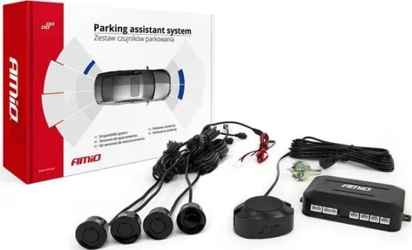Parkeringshjelpesystem med lyd, 4 svarte sensorer 22 mm AMIO-01567