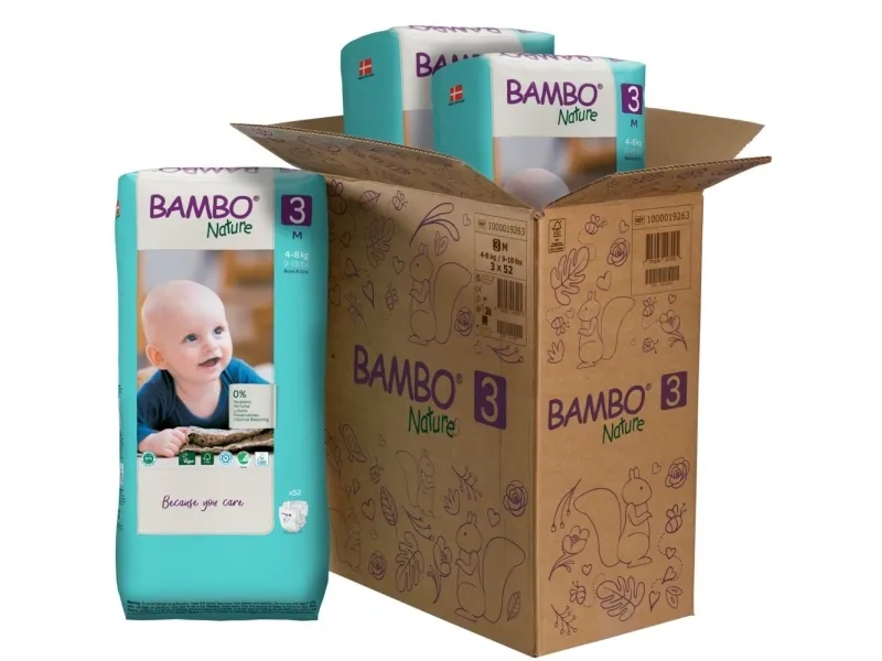 Babybleie, tapebleie, miljømerket, Bambo Nature, 3, høy pakke, 4-8 kg - (3 pakker x 52 stk. kartong)