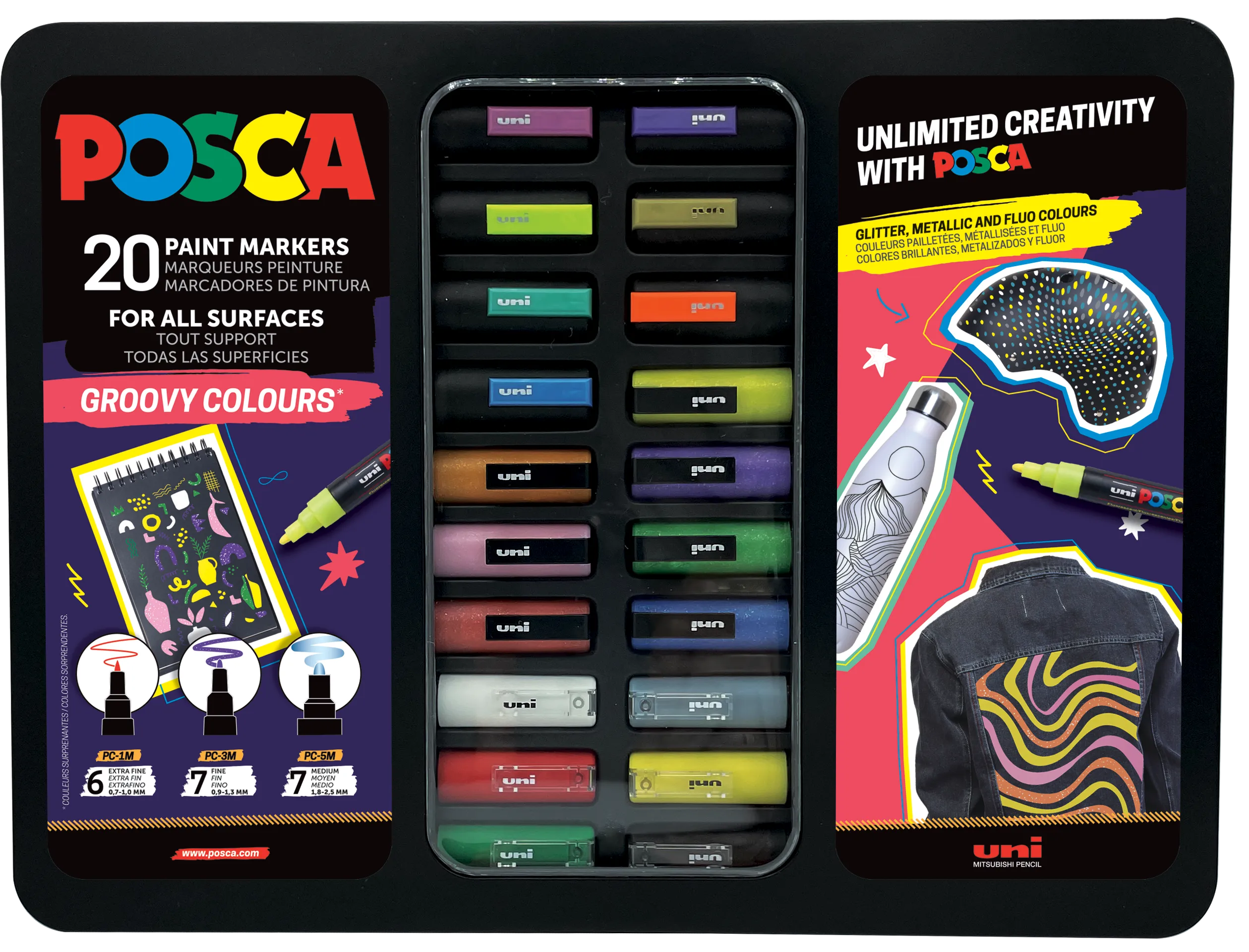 POSCA Gift Metal Tin, 20ass. Groovy Colours (6xpc1mc - 7xpc3m - 7xpc5m)