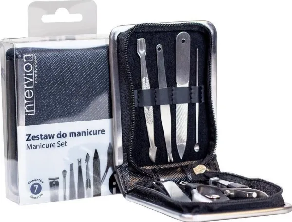 INTER-VION_SET Black Leather Manikyrkutter + nipper + neglefil + pinsett + saks + rifler + cuticle pusher