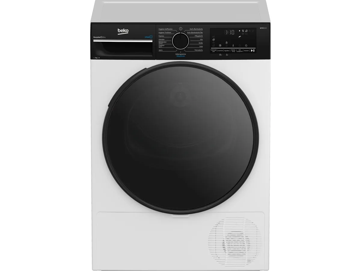 Beko B5T492B9W, Frittstående, Frontmatet, Varme pumpe, Hvit, Knapper, Rotasjon, Riktig/Høyre