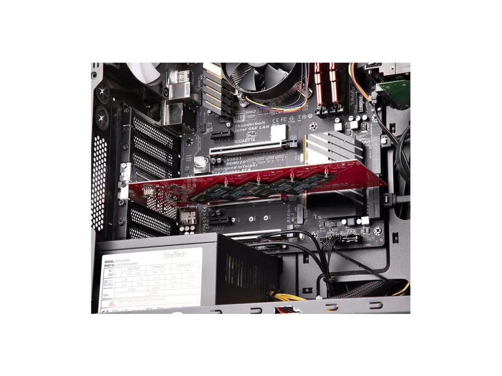 Startech Quad M.2 PCIe Adapter Card, x16 Quad NVMe or AHCI M.2 SSD to PCI Express 4.0, Up to 7.8GBps/Drive, For 2242/2260/2280/22110mm PCIe M-Key M2 SSDs, Bifurcation Required - PC/Linux Compatible (QUAD-M2-PCIE-CARD-B) - Grensesnittsadapter - M.2 - Expansion Slot til 4 x M.2 - M.2 Card - lav profil - RAID 0, 1, JBOD - PCIe 4.0 x16/x8 - rød