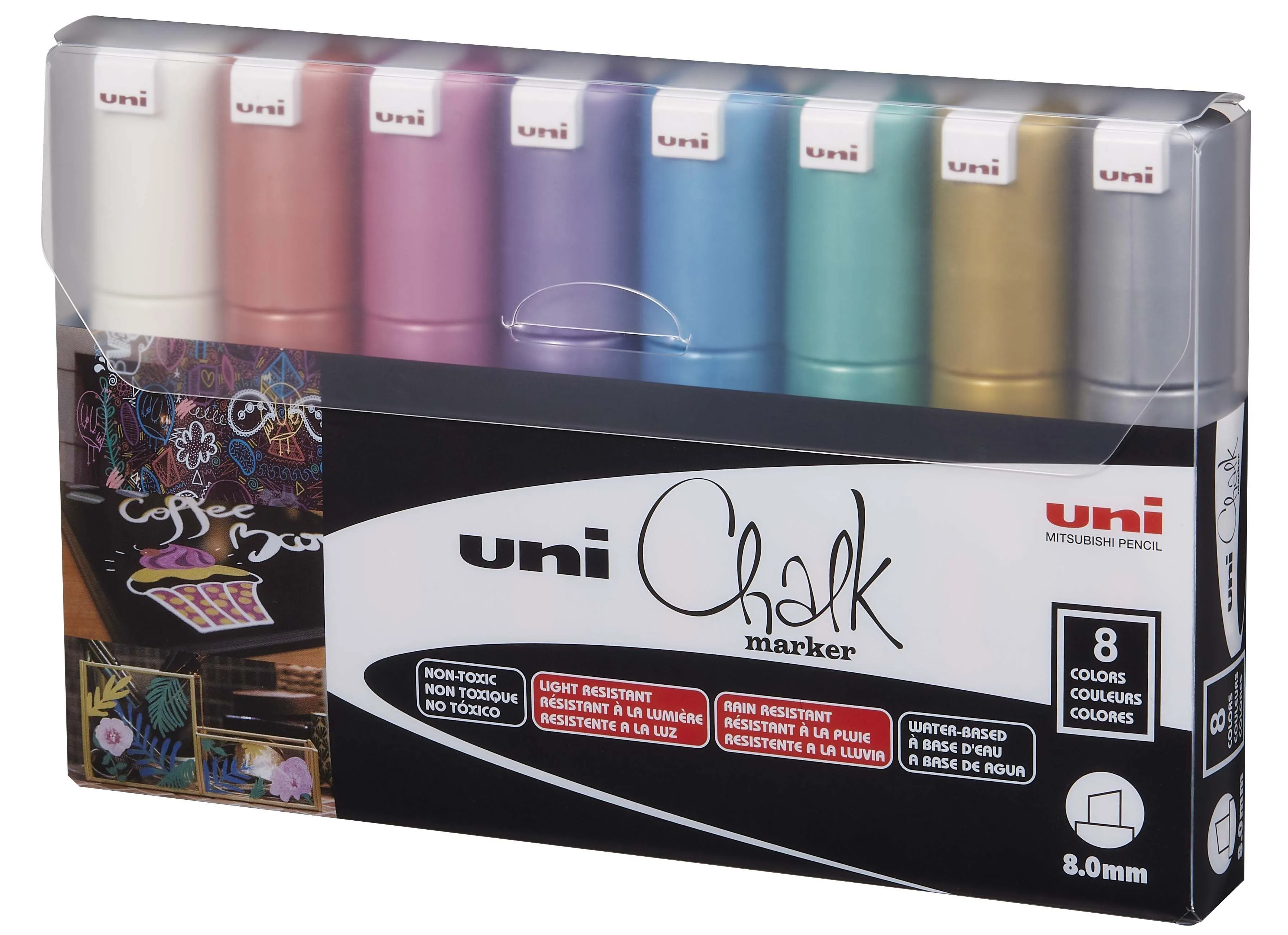 Uni-Ball ChalkGlass PWE-8K, Grønn, Lyseblå, Oransje, Rosa, Rød, Fiolett, Hvit, Gult, Meisel, 8 stykker