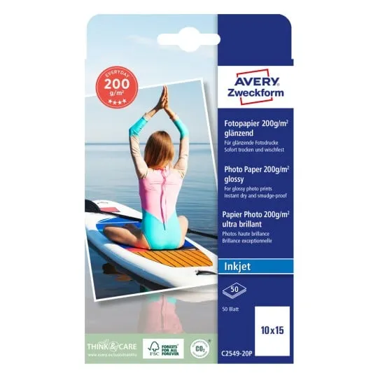 Avery C2549-20P, Högglans, 200 g/m ^, Bläckstråleskrivare, 10x15 cm, Vit, 40 ark