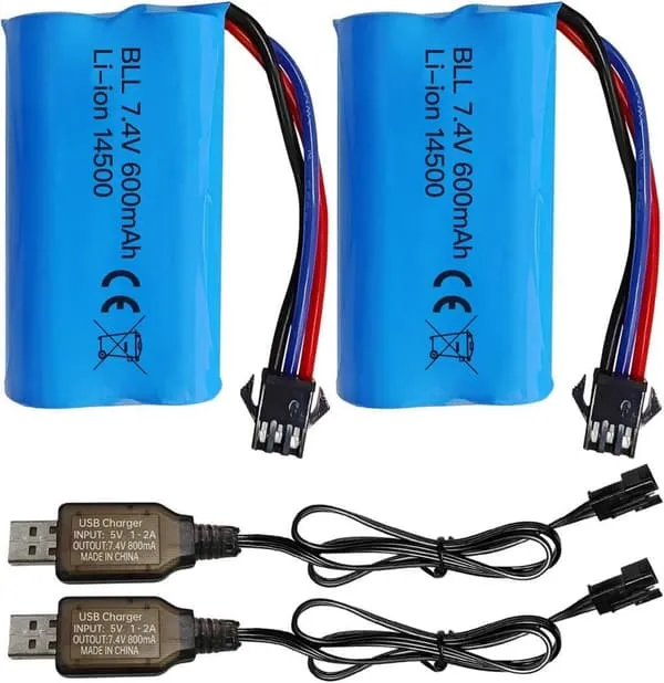 2 stk 7,4V 600mAh Li-ion Batteri + USB-lader SM-3P – Passer til RC Bil DE82, TK3086B, TK-3082B Tilbehør til Fjernstyrte Leker Batterier